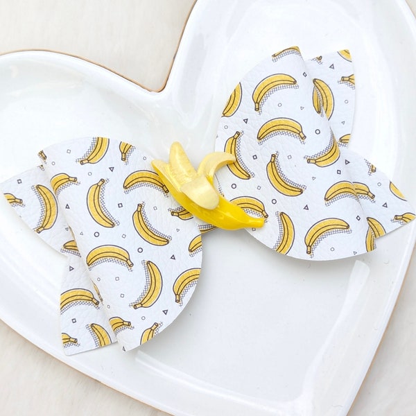 YELLOW BANANA PEEL Bow, Tropical Plantain Bunch Hair Clip, Jungle Fruit Barrette, Little Monkey Safari Headband, Lets Go Birthday Party Gift