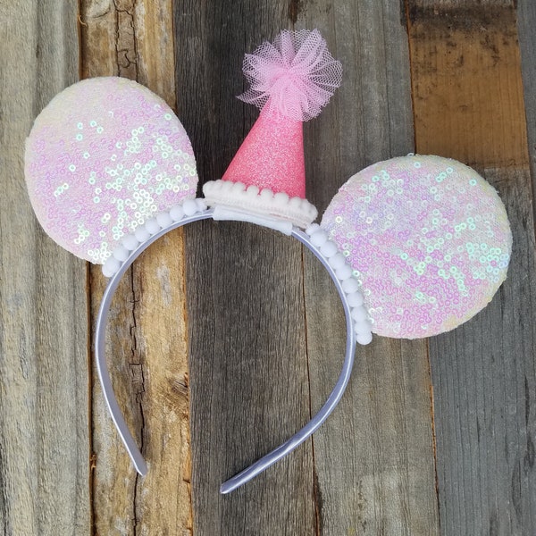 BIRTHDAY HAT MOUSE Ears Headband - Birthday Disney Ears, Birthday Minnie Mouse Ears, Pink & White Birthday Ears, Mini Birthday Hat Headband