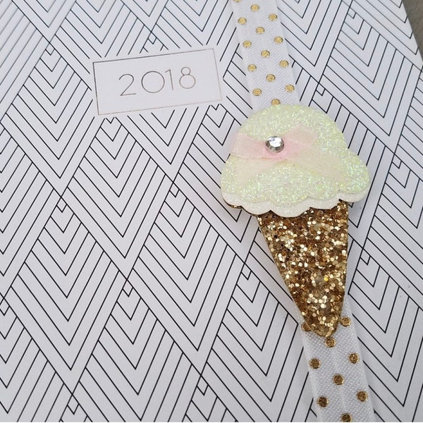 ICE CREAM CONE Planner Band, White Gold Glitter Bookmark, Sweets Treats Journal Accessories, Stretchy Elastic Stocking Stuffer Basket Filler