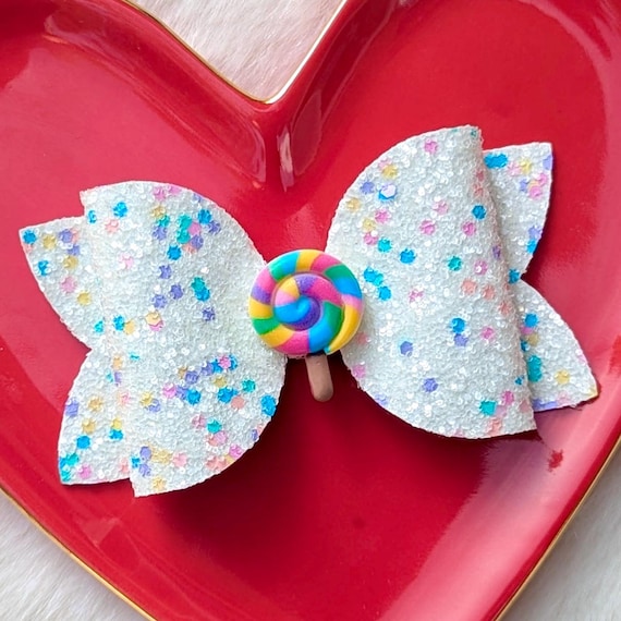 RAINBOW SWIRL LOLLIPOP Glitter Bow, Sticky Hard Sugar Candy Hair Clip, Bright Yummy Sucker Barrette, Sweet on Stick Headband, Birthday Party