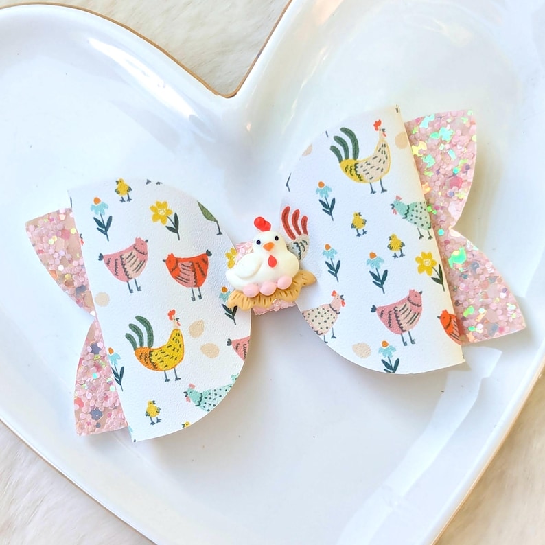 CHICKEN HEN COOP Bow, Yellow Orange Peach Glitter Hair Clip, Little Egg Baby Chick Barrette, Red White Country Headband, Farm Animal Party image 1