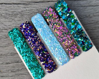 TEAL PURPLE BLUE Glitter Hair Clip Set, Turquoise Green Peacock Barrette, Iridescent Jewel Tone Accessory, Toddler Kid Girl Stocking Stuffer