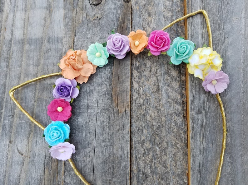 Download Garden Shower Gold Cat Ears Headband Gold Cat Ear Headband Pastel Rainbow Paper Flower Headband Floral PSD Mockup Templates