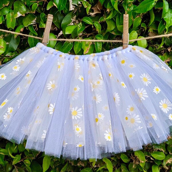 DAISY FLOWER TUTU, White & Yellow Daisies Tulle Skirt, Groovy Wild One Birthday Outfit, Floral Spring Dress, Wildflowers Halloween Costume