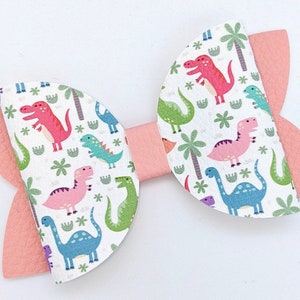 PINK DINOSAUR BOW, Red Green Blue Dino Print Hair Clip, Purple T-Rex Triceratops Barrette, Jurassic Stegosaurus Headband, Prehistoric Roar