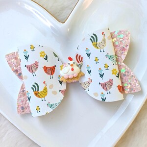 CHICKEN HEN COOP Bow, Yellow Orange Peach Glitter Hair Clip, Little Egg Baby Chick Barrette, Red White Country Headband, Farm Animal Party image 3