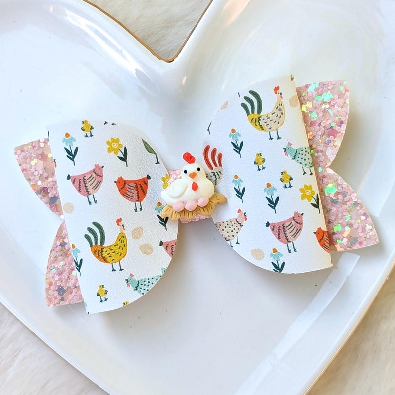 CHICKEN HEN COOP Bow, Yellow Orange Peach Glitter Hair Clip, Little Egg Baby Chick Barrette, Red White Country Headband, Farm Animal Party image 3