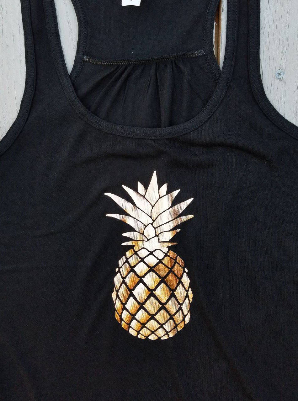 monogram shirt, gold foil pineapple tank top