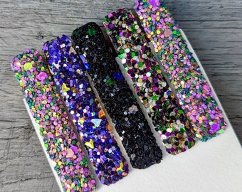 MARDI GRAS GLITTER Hair Clip Set, Purple Green Gold Fat Tuesday Barrette, Iridescent Black Dark Accessory, Toddler Kid Girl Stocking Stuffer