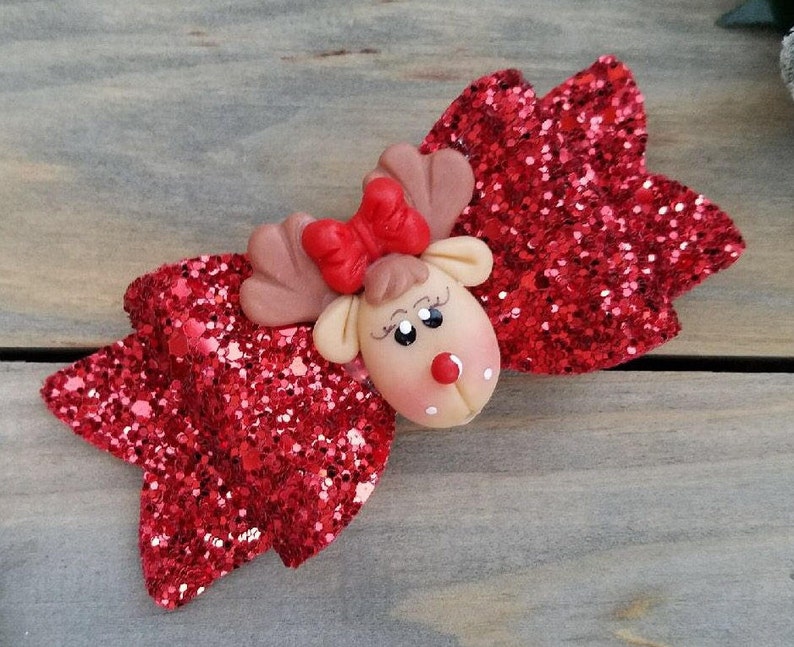 Reindeer Red Glitter HairClip Babys First Christmas Red Holiday Hair Bow Rudolph Bow Headband Toddler Piggie Clips RUDOLPH REINDEER BOW