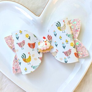 CHICKEN HEN COOP Bow, Yellow Orange Peach Glitter Hair Clip, Little Egg Baby Chick Barrette, Red White Country Headband, Farm Animal Party image 2