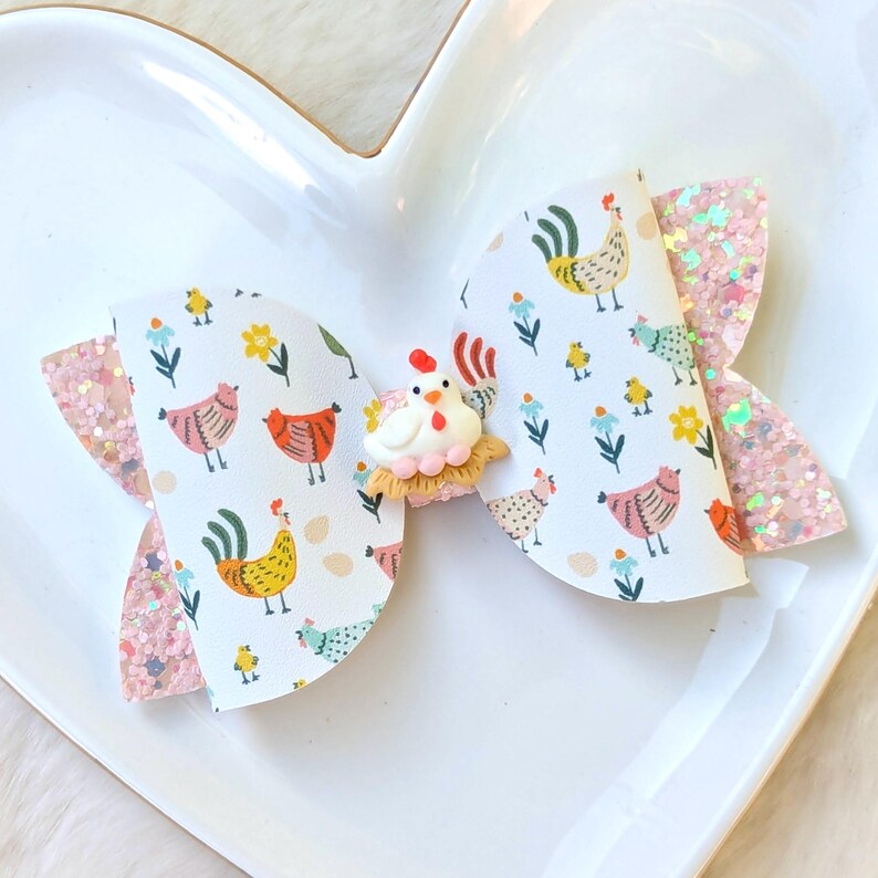 CHICKEN HEN COOP Bow, Yellow Orange Peach Glitter Hair Clip, Little Egg Baby Chick Barrette, Red White Country Headband, Farm Animal Party image 2