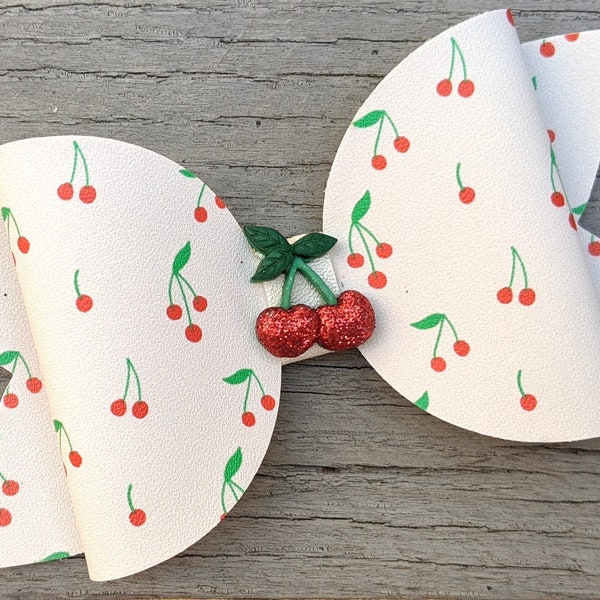 CHERRY HAIR BOW, Red Glitter Sweet Cherries Clip, Sour Tart Fruit Barrette, Green Stem Leaf Headband, Pick Cherry On Top Birthday Party Gift