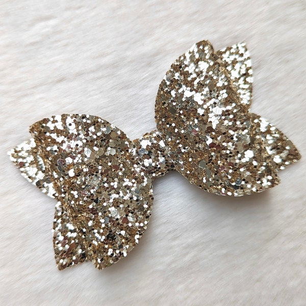 GOLD GLITTER BOW, Sparkly True Gold Hair Clip, Classic Pale Metallic Barrette, Solid Festive Holiday Headband, Fall Autumn Christmas Party
