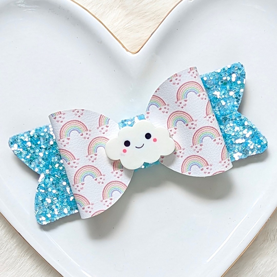 RAINBOW CLOUD BOW Sky Blue Glitter Hair Clip White Cloudy Etsy