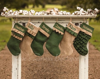 Christmas Stocking, Personalized Christmas stockings, Monogrammed Stockings, Green burlap Christmas Stockings