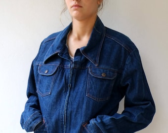 Vintage 70s Denim Jacket, Western Blue Jean Jacket  Zip Front USA // S M