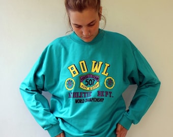 Vintage 80s Athletic Graphic Sweatshirt Green Crewneck Sports Pullover Unisex S/M