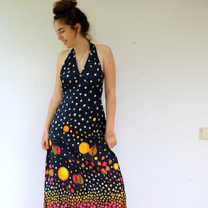 Vintage 70s Black Halter Maxi Dress, Cotton Floral Leaf Print Boho Hippie Open Back Summer Sun Dress // S