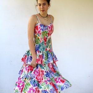 Vintage 80s Floral Ruffle Sundress, Colorful Summer Festival Dress Tiered Cotton Boho Hippie // XS S