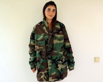 Camouflage Military Jacket, Vintage Army Green Field Coat 90s Boho Hippie Hipster Cotton Hood Coat Unisex Hippy // L / XL