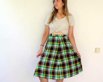 Plaid Skirt, vintage 70s Boho Hippie High Waist Green Yellow Midi Skirt Dress Hippy Western Country // S/M