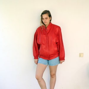 Vintage 80s Red Leather Jacket, Oversized Bomber Coat // One Size