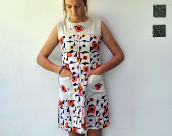 Vintage 60s Maskit Mod Mini Dress, Abstract Geometric Cotton Linen Shift // S