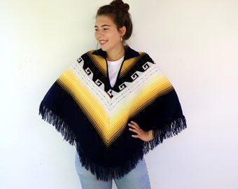 Aztec Poncho, Vintage 70s 80s Boho Hippie Blue Yellow Fringe Knit Poncho Cape Striped Acrylic Hippy Southwestern  // O.S