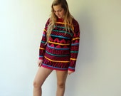Geometric Sweater, Vintage 80s 90s Knit Boho Hippie Pink Pullover Blouse Top Shirt Colorful Striped Sweater Dress O.S