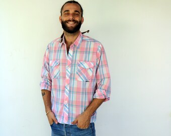 Men's Plaid Shirt , Vintage 60s 70s Boho Hippie Pastel Pink Blue Western Hippy Collared Long Sleeve Button Down 1970s // M