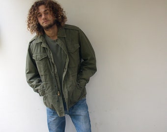 Military Jacket, Vintage Army Green Field Coat 70s 1970s Boho Hippie Hipster Cotton Hood Coat Unisex // M