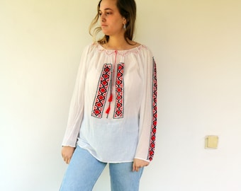 Hungarian Gauze Blouse, Vintage 60s Hand Embroidered Shirt Dress Boho Hippie White Red Cotton needlepoint Romanian Blouse 1970s // O.S