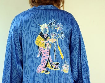 Japanese lady Kimono, Vintage 70s Dress Boho Hippie Robe Beach Cover Hand Painted Blue Jacket Blouse 80s // O.S