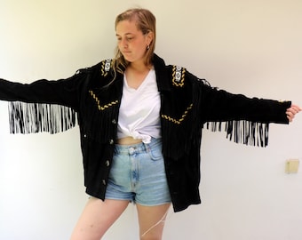 Vintage 80s Black Suede Fringe Jacket Western Boho Beaded Trim Jacket