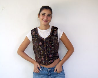 René Derhy Embroidered Vest , Vintage Velvet Brown Vest Boho Hippie Multicolor Floral Fitted Crop Cropped Top Shirt Hippy 80s 90s //S