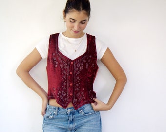 Beaded Velvet vest, Vintage Burgundy Maroon Waistcoat Crop Cropped Velvet Top Shirt Corset Style Boho Hippie Hippy 80s 90s // M