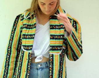 Vintage 60s-70s Quilted Floral Striped Housecoat, Cotton Duster Robe Kitan // M
