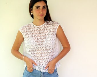 Vintage 60s White Guipure Lace Blouse, Sleeveless High Neck Sheer Floral Top // S