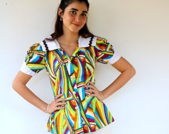 Sailor Multicolor Geometric Blouse, Vintage 60s 70s Boho Hippie Abstract Puff Sleeve Button Up Shirt jacket Hippy  // S