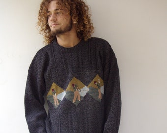 Vintage 90s Golf Sweater Gray Knit Golfer Motif Crewneck Pullover // M L