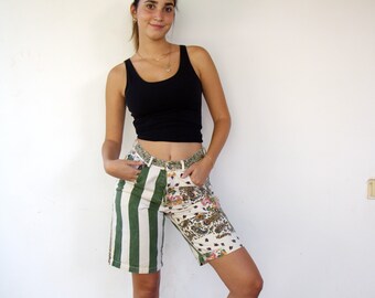 Denim High Waisted Bermuda, Vintage Striped Floral Jean Shorts Boho Hippie Green White Paisley Print Cotton jeans 80s 90s Hippy // 38/S