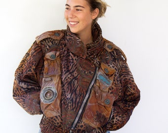 High Society Ski Jacket Puffer, Vintage 80s 1980s Leopard Print Paisley Patterns Boho Hippy Bomber Animal Print Coat 90s 1990s // M/ L