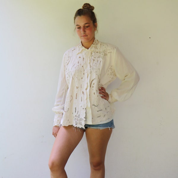 Ivory Floral Cutout Blouse, Vintage 80s Cotton White Off White Boho Hippie Hippy Embroidered Lace Blouse Layers Shirt Top Dress // // M/L