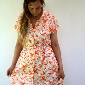 Vintage 80s Animal Print Shirtdress, Tigers & Eagles Jungle Print White Cotton Boho Midi High Waist Pockets Belted // S/M