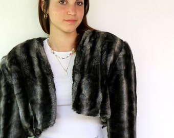 Vintage 80s Faux Fur Jacket Cropped Black Gray Striped Bolero Evening Coat // M L