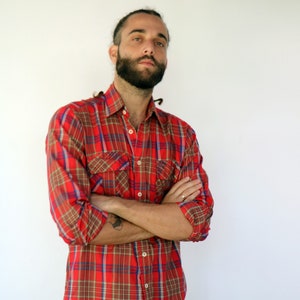 Camicia a quadri da uomo, vintage anni '70 Boho Hippie Red Country