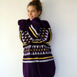 Vintage 80s 90s Hand Knit Oversized Sweater, Purple Yellow Geometric Unisex Boho Winter Pullover Jumper // O.S
