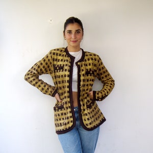 Vintage 90s Metallic Gold Cardigan – Boho Plaid Knit Glam Jacket,  Checked Shimmer Sweater // S/M