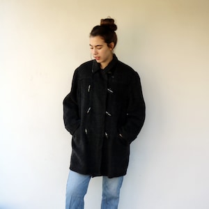 Vintage zwarte omkeerbare plunjejas uit de jaren 70 – wol en katoen kneveljas, boho hippie winterbovenkleding, uniseks één maat